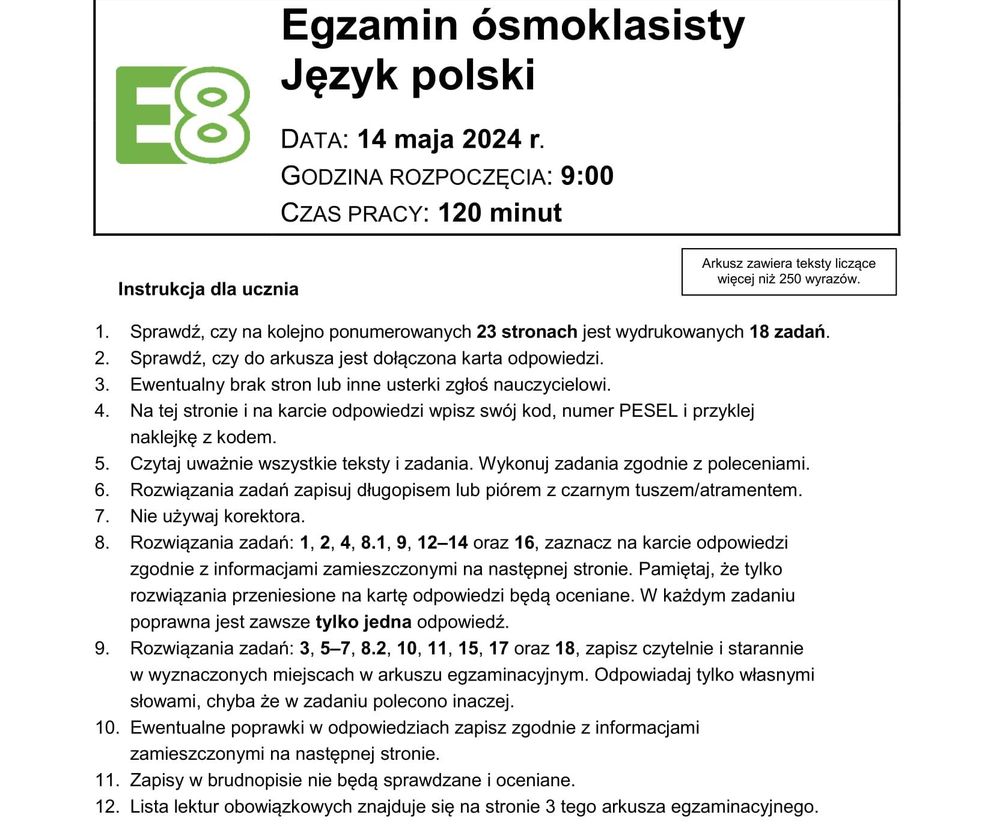 Egzamin ósmoklasisty - arkusz z języka polskiego 2024