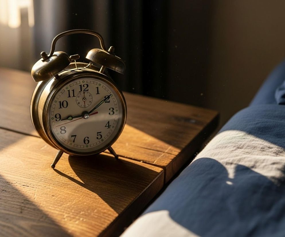 Stary, klasyczny budzik stojący na drewnianej szafce nocnej, oświetlony promieniami słońca, obok szarej pościeli. Symbolizuje nadchodzącą zmianę czasu i dyskusje o jej kosztach dla gospodarki, o których przeczytasz na Super Biznes.