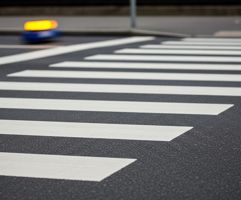 Pas dla pieszych, składający się z poziomych białych pasów na ciemnoszarym asfalcie, zajmuje większość kadru, rozciągając się od dolnej krawędzi w górę. Faktura asfaltu jest widoczna, z drobnymi, jasnymi kropkami. W górnej lewej części, poza ostrością, widoczny jest rozmazany obiekt z pomarańczowym elementem na niebieskiej podstawie. Tło jest rozmyte, ukazując szarą nawierzchnię chodnika lub pobocza oraz ciemniejszy horyzont.