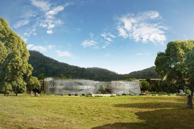 Stalowa elewacja nowego budynku Cairns Institute w Townsville jak pleciony kosz