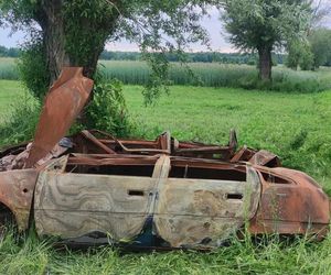 Spalony wrak samochodu zawisł na drzewie. Niecodzienna interwencja w Radostowie