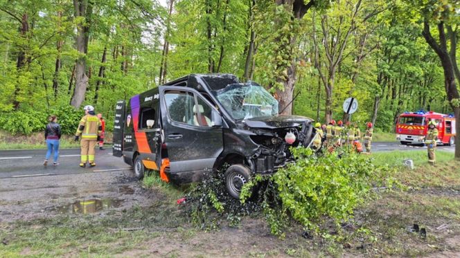 Wypadek pod Radomskiem. Bus wbił się w drzewo! Sześć osób w szpitalu, droga zablokowana
