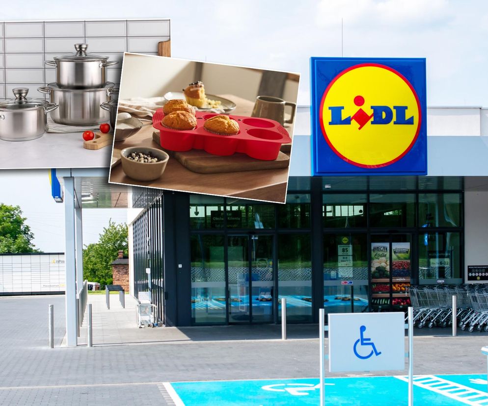 Zewnętrzny widok na sklep Lidl z jego charakterystycznym logo, parkingiem, oraz wejściem. Na pierwszym planie widoczne są grafiki przedstawiające zestaw trzech garnków Cooker Florina oraz czerwoną formę silikonową z upieczonymi muffinkami, co symbolizuje jesienne promocje na sprzęty kuchenne w Lidlu, o których przeczytasz na Super Biznes.