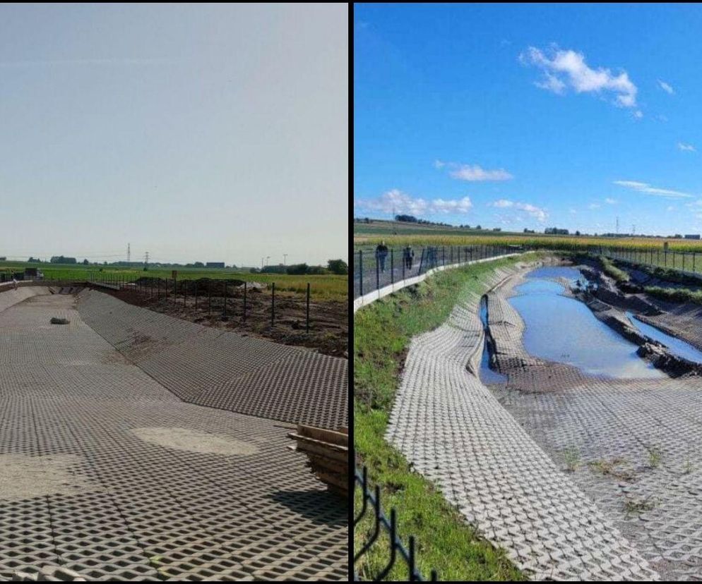 Zbiornik retencyjny w Krakowie, przed i po deformacji. Na lewym zdjęciu widać budowę z nawierzchnią z kraty, na prawym zbiornik po ulewach z zalanym dnem i popękanymi płytami na zboczach. Więcej o nieudanych inwestycjach przeczytasz na Architektura Murator Plus.