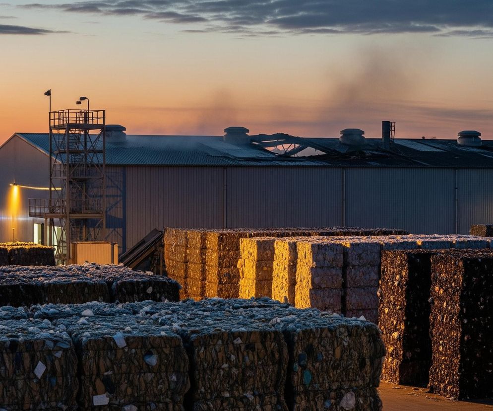 Na pierwszym planie widoczne są liczne prostopadłościenne bale sprasowanych odpadów, ułożone w rzędy. W tle dominuje duży, prosty budynek przemysłowy z metalowym dachem, na którym widać uszkodzenia i częściowe zawalenie konstrukcji, a z dachu unosi się smugę szarego dymu. Po lewej stronie budynku stoi metalowa konstrukcja z platformą obserwacyjną, a za nią widać pojazd ratunkowy z włączonymi niebieskimi światłami awaryjnymi oraz dwa świecące latarnie uliczne. Całość sceny oświetla ciepłe, pomarańczowo-różowe światło zachodzącego słońca, kontrastujące z ciemniejszymi partiami nieba i dymem.
