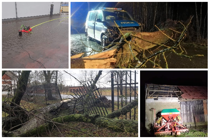 Uszkodzony radiowóz, zalania, połamane drzewa. Wichury w pow. iławskim
