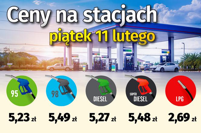 ceny paliw 11 lutego 95: 5,23 98: 5,49 ON: 5,27 Superdiesel: 5,48 LPG: 2,69