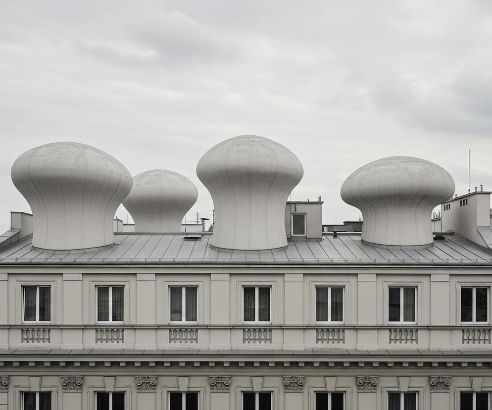 Cztery duże, jasnoszare obiekty w kształcie grzyba dominują na dachu budynku w centrum kadru, umieszczone symetrycznie. Dach, również jasnoszary, jest częściowo widoczny, a pod nim rozciąga się fasada budynku o tej samej barwie, z rzędem sześciu okien z białymi ramami i balustradami pod nimi. Na dalszym planie widać szary, zachmurzony nieboskłon, a po lewej stronie majaczy fragment miejskiej zabudowy.