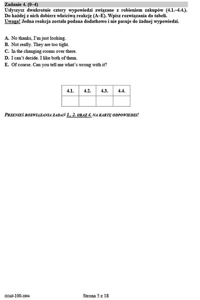 Egzamin ósmoklasisty 2019- język angielski arkusz