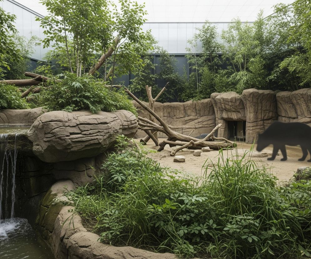 Część obrazu po prawej stronie przedstawia ciemną sylwetkę niedźwiedzia z wyraźnie zarysowanymi kończynami i częścią głowy. Zwierzę porusza się po piaszczystym podłożu, otoczonym z tyłu ścianą zbudowaną z imitujących kamienie elementów. Po lewej stronie kompozycji znajduje się skalny wodospad, z którego woda spływa do małego zbiornika, tworząc na powierzchni pianę. Wokół wodospadu i wzdłuż krawędzi piaszczystego terenu rosną liczne zielone rośliny, w tym krzewy i wysokie trawy, natomiast w tle widać gęste drzewa i krzewy bambusowe.