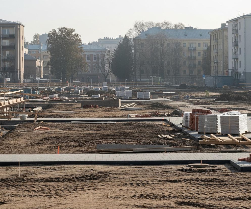 Rozległy plac budowy dominuje centralną i dolną część obrazu, z dużą ilością brązowej ziemi i rozłożonymi elementami budowlanymi. Na pierwszym planie i w środku widoczne są fragmenty ułożonych szarych płyt chodnikowych, a także stosy białych pustaków na paletach oraz cegieł. W tle wznoszą się budynki mieszkalne w różnych odcieniach beżu, szarości i bieli, niektóre z balkonami, a między nimi widoczne są drzewa z częściowo lub całkowicie nagimi gałęziami, wskazujące na późną jesień lub zimę. Po lewej stronie widać fragment nowoczesnego, jasnego budynku z dużymi oknami, otoczony konstrukcjami drewnianych szalunków.