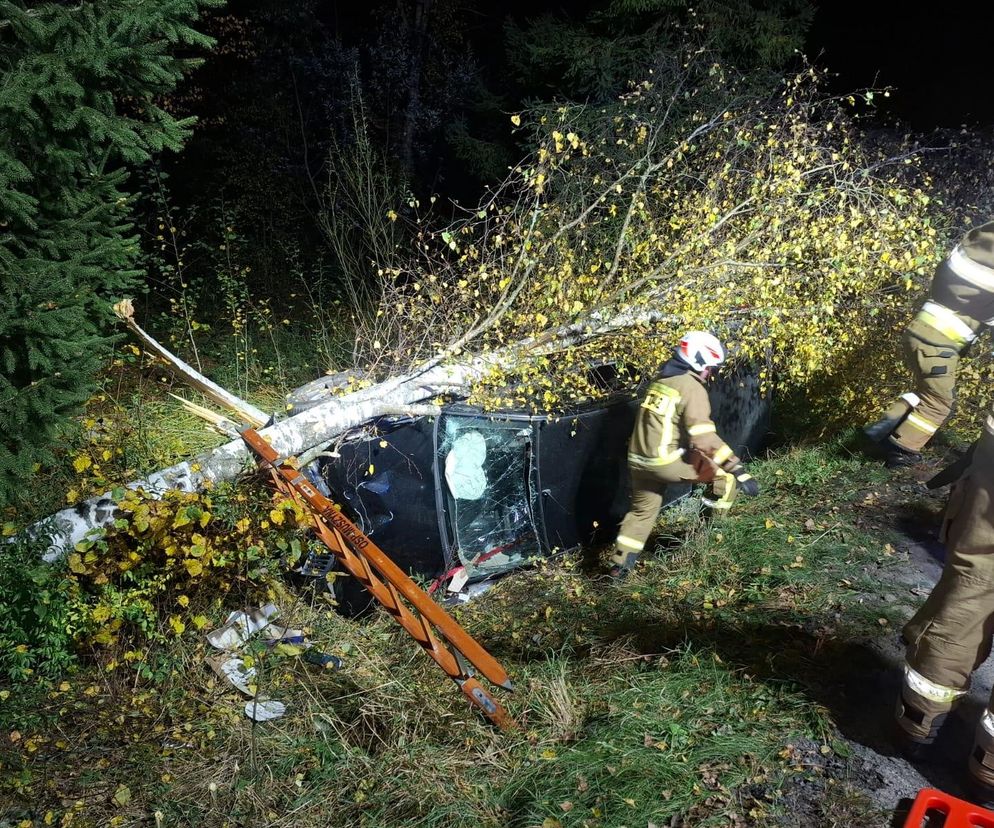 Auto wbiło się w przydrożne drzewo. Strażacy wycinali szybę piłą szablastą 