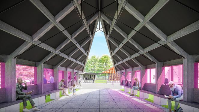 Serpentine Pavilion 2024 designed by Minsuk Cho, Mass Studies. Design render, view of void from the Auditorium.