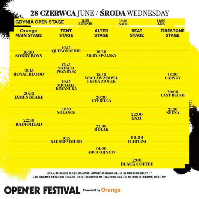 Line up Opener Festival 2017 (środa - 28 czerwca)
