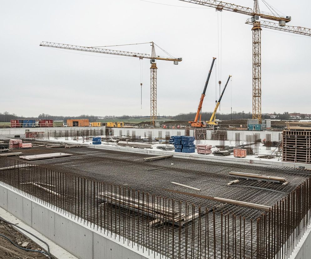 Szeroki widok placu budowy pod pochmurnym, jasnoszarym niebem. Na pierwszym planie, w dole, widoczne jest wykopane koryto ziemi z ułożonymi rurami, oddzielone od głównego terenu budowy betonową ścianą. Za ścianą rozciąga się duża, płaska powierzchnia z gęstą siatką zbrojeniową, z wystającymi pionowymi prętami, oraz drewnianymi deskami i stertami materiałów budowlanych.

W tle znajdują się cztery duże, żółte żurawie wieżowe, z których dwa są bardzo wysokie, a także dwa pomarańczowo-czarne i żółto-czarne żurawie samojezdne z podniesionymi wysięgnikami. Dalej, za terenem budowy, widać las bezlistnych drzew oraz kilka jaskrawo kolorowych kontenerów, a na horyzoncie majaczą niewyraźne zabudowania. Całość kompozycji wskazuje na dużą skalę prowadzonych prac budowlanych.