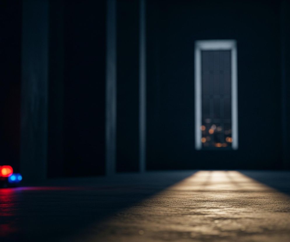 Ciemny, pusty korytarz lub przestrzeń w pomieszczeniu, z rozmytym światłem padającym na podłogę. Światło to tworzy wydłużony, prostokątny pas jaśniejszej barwy, rozciągający się od dołu kadru w głąb obrazu. W tle, centralnie, widoczne jest wysokie, prostokątne okno lub drzwi, z dalekim widokiem na rozmyte światła miasta. Po lewej stronie, bliżej krawędzi kadru, na ciemnej podłodze, znajdują się dwa rozmyte źródła światła: jedno czerwone i jedno niebieskie, tworzące delikatne odblaski na powierzchni. Cała scena jest utrzymana w ciemnych odcieniach, z głębokimi cieniami i kontrastującymi punktami świetlnymi.