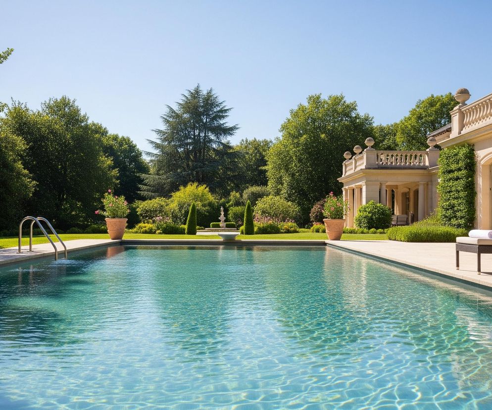Długi basen z błękitną wodą, której powierzchnię mienią się refleksy światła słonecznego, dominuje na pierwszym planie, rozciągając się przez środek kadru. Wokół basenu, na beżowym tarasie, ustawione są beżowe leżaki z białymi ręcznikami. Z lewej strony basenu widoczne są metalowe drabinki, a na drugim planie rozpościera się zielony, wypielęgnowany trawnik, otoczony bujnymi drzewami i krzewami. Po prawej stronie zdjęcia znajduje się elegancki beżowy budynek w klasycznym stylu, z balustradą ozdobioną kulistymi elementami, oknami i pnącym się bluszczem na ścianie. W oddali, za trawnikiem, widoczna jest ozdobna fontanna oraz donice z kwiatami, co tworzy wrażenie luksusowego ogrodu.