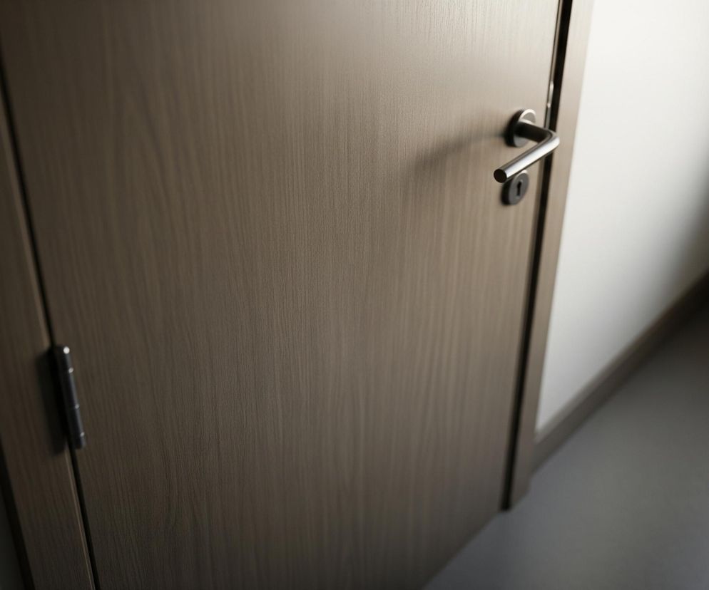 Drzwi z jasnego drewna z widoczną fakturą słojów dominują obraz, umiejscowione są lekko na ukos, wypełniając większą część kadru. Na prawym skrzydle, na wysokości wzroku, zamontowana jest ciemna, metalowa klamka w kształcie litery L, poniżej której znajduje się okrągły otwór na klucz. Po lewej stronie drzwi widoczny jest pionowy, ciemny zawias. Prawe obramowanie drzwi oddziela je od białej ściany, przechodzącej w ciemniejszą podłogę.