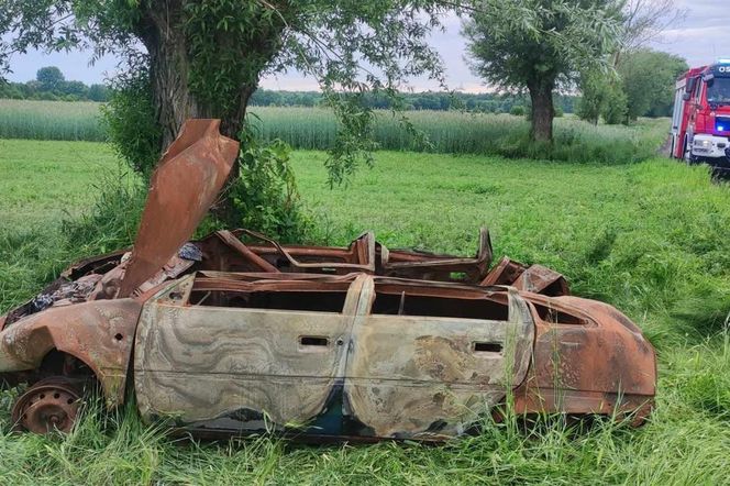 Spalony wrak samochodu zawisł na drzewie. Niecodzienna interwencja w Radostowie