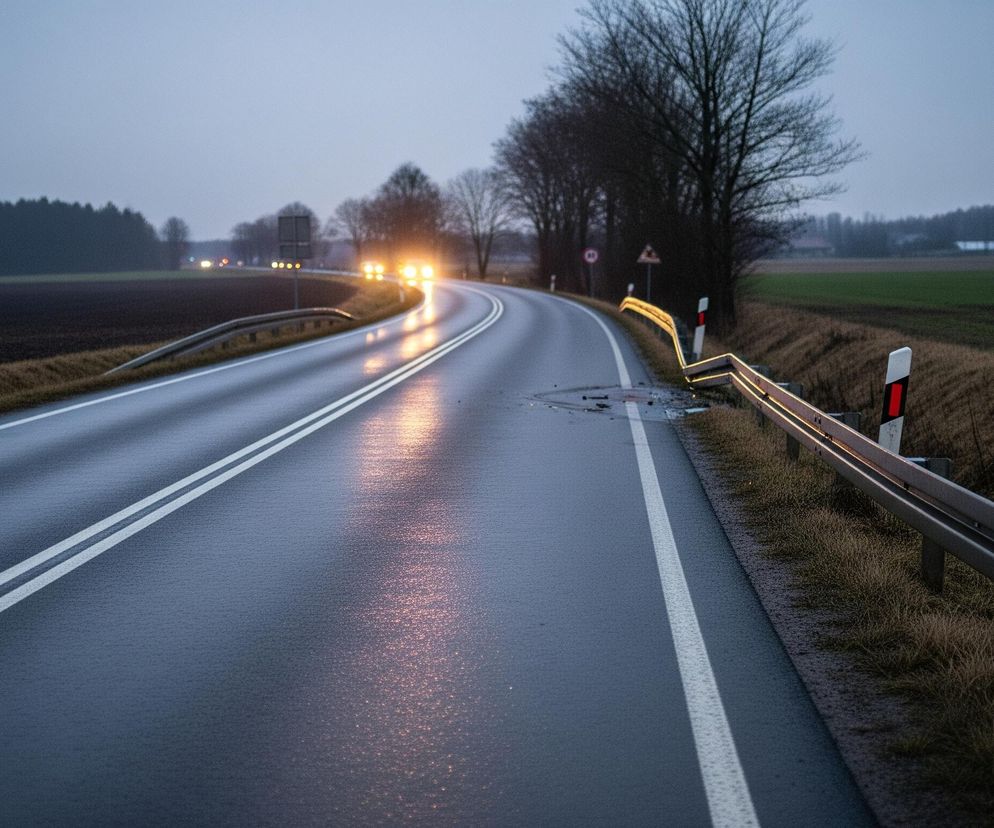 Droga asfaltowa, pokryta deszczem lub wilgocią, biegnie w głąb obrazu, łagodnie zakręcając w prawo. Na jej mokrej powierzchni odbijają się intensywne, pomarańczowe światła nadjeżdżających pojazdów, tworząc smugi refleksów. Po lewej stronie drogi rozciąga się zaorane pole, a dalej widoczny jest ciemny las. Po prawej stronie, wzdłuż drogi, biegnie metalowa barierka ochronna, za którą rozciąga się pole z suchą trawą i zielonymi uprawami w oddali. Niebo jest pochmurne i szare, a ogólna sceneria sugeruje zmierzch lub wczesny poranek.