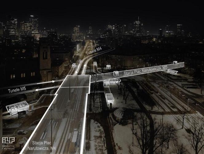 Wizualizacja planowanego skrzyżowania linii metra M4 i M5 w Warszawie