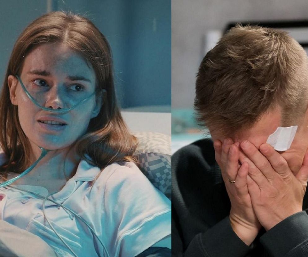 Kolaż zdjęć przedstawiający Frankę (Dominika Kachlik) w szpitalnym łóżku z cewnikiem tlenowym oraz Pawła (Rafał Mroczek) w geście rozpaczy, zasłaniającego twarz dłońmi. Widoczne ślady wyczerpania i smutku u obojga bohaterów M jak miłość. Więcej o losach bohaterów przeczytasz na Super Seriale.