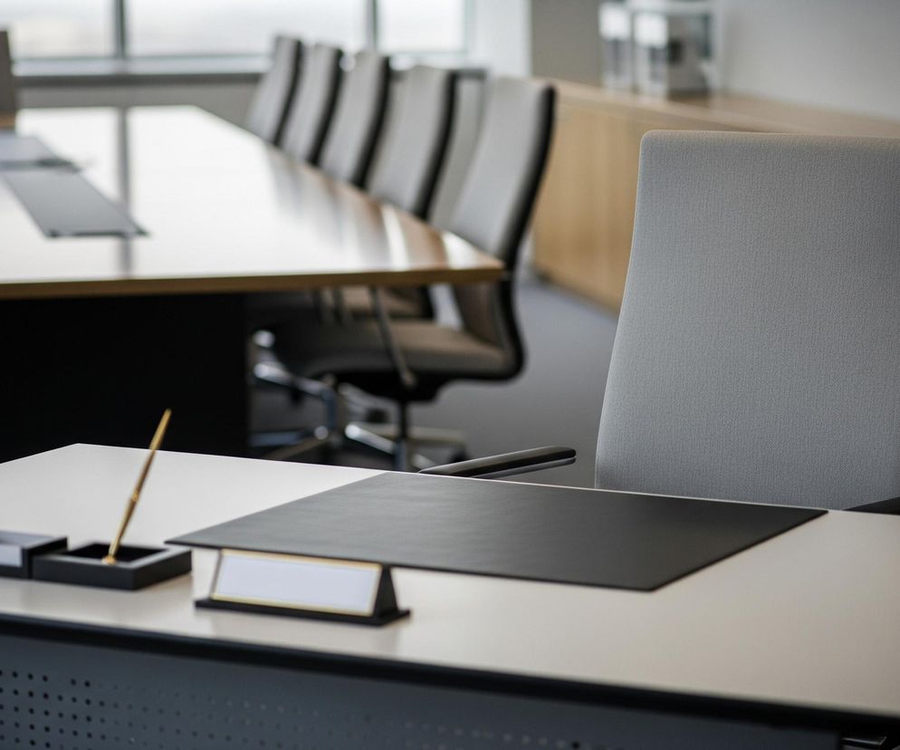 Na pierwszym planie, z prawej strony, stoi szare, tapicerowane krzesło biurowe, z czarnymi podłokietnikami i ramą. Bezpośrednio przed krzesłem znajduje się jasny, prostokątny stół z ciemnym blatem biurka na środku. Na blacie leżą: czarny pojemnik z złotym, cienkim długopisem oraz czarna podstawka z białym, pustym polem na etykietę. W tle, po lewej stronie, rozciąga się długi, drewniany stół konferencyjny, otoczony szeregiem podobnych, szarych krzeseł. Jasne światło wpada z okien w tle, odbijając się od powierzchni stołów i nadając scenie profesjonalny wygląd.