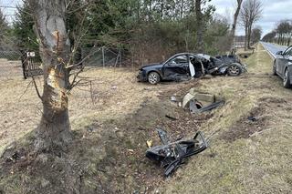 Totalna masakra w Dobrej Woli. Po uderzeniu w drzewo auto złamało się w pół. Kierowca miał dużo szczęścia