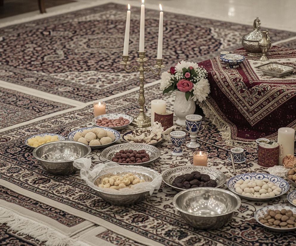 Na podłodze pokrytej wzorzystymi dywanami w odcieniach czerwieni, beżu i granatu, rozłożono bogato zastawiony stół. W centrum kompozycji znajdują się dwa złote, ozdobne świeczniki z palącymi się białymi świecami. Wokół nich rozmieszczono liczne misy i talerze wypełnione różnorodnymi słodyczami i przekąskami, takimi jak białe, brązowe i czerwone kulki, jasne i ciemne orzechy oraz inne pieczywa. Na stole widoczne są również świeże kwiaty w białym wazonie, głównie białe i różowe róże, a także inne dekoracyjne naczynia, takie jak ceramiczne czarki z granatowymi wzorami oraz srebrne puzderka i dzbany. Całość tworzy uroczystą i obfitą aranżację, oświetloną ciepłym światłem świec.