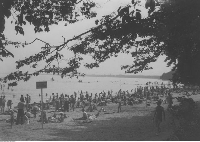 Plażowicze podczas wypoczynku na morzem Bałtyckim. Widoczne wydzielone kąpielisko, w tle molo. Zdjęcie zrobione w okresie 1918-1939