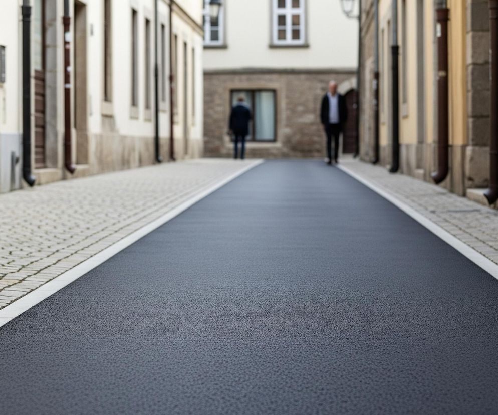 Wąska ulica miejska rozciąga się w głąb kadru, z wyraźnie zarysowaną czarną, gładką nawierzchnią w centrum, otoczoną po obu stronach białymi liniami. Poza liniami biegną chodniki wyłożone kostką brukową w jasnych odcieniach szarości i beżu, z widocznymi szczelinami wypełnionymi zieloną roślinnością. Po lewej stronie wznoszą się jasne budynki z kremowymi elewacjami i brązowymi drzwiami oraz oknami, a także ciemnymi rynnami. Po prawej stronie widać budynek o kamiennej fasadzie z nieregularnie ułożonych kamieni oraz jedną brązową rynnę. W oddali, na końcu ulicy, idą dwie niewyraźne sylwetki mężczyzn.