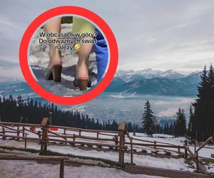 Skrajny brak wyobraźni w Tatrach. Turystka poszła na ośnieżony szlak w klapkach na obcasie [WIDEO]