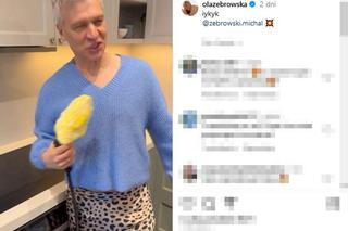 Michał Żebrowski pląsa po domu w parterkowej spódnicy