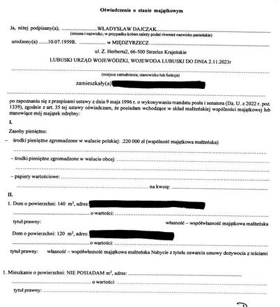 Fragment oświadczenia majątkowego