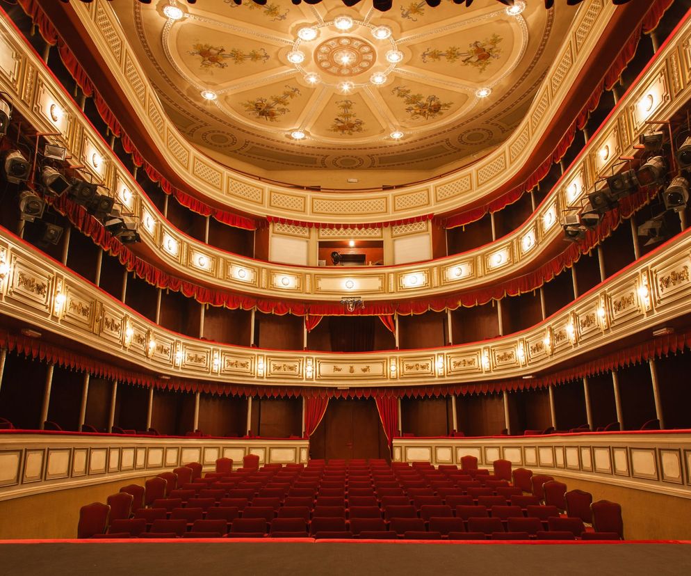 Wnętrze Teatru Wielkiego im. Stanisława Moniuszki w Poznaniu z rzędami czerwonych foteli, bogato zdobionymi lożami i żyrandolem. Scena czeka na spektakl Straszny Dwór, nominowany w konkursie FEDORA. Więcej o nominacji na Poradnik Zdrowie.