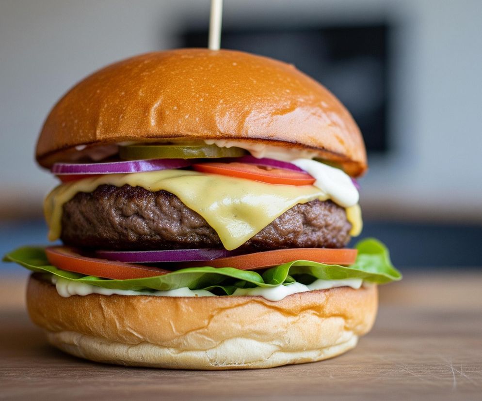 Na pierwszym planie, centralnie, widoczny jest duży, apetyczny burger. Składa się on z rumianej, błyszczącej bułki, solidnej porcji mięsa, stopionego żółtego sera, czerwonych plasterków pomidora, fioletowych krążków czerwonej cebuli, zielonych liści sałaty i kilku plasterków zielonych ogórków. Składniki są ułożone warstwowo, a od góry bułki wystaje cienki, jasny patyczek. Burger spoczywa na drewnianym blacie o widocznej strukturze słojów, w tle widać rozmyte, jasne pomieszczenie z ciemniejszymi elementami.