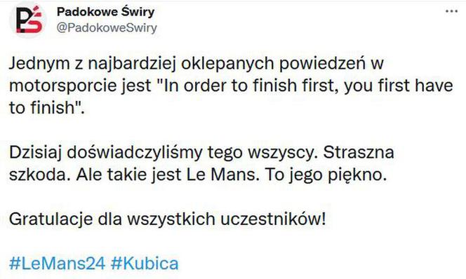Tak internauci zareagowali na dramat Kubicy w Le Mans 24h