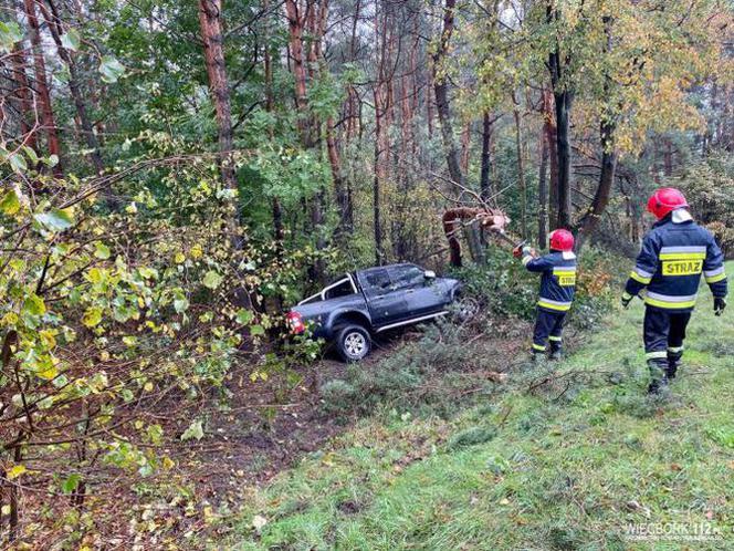 Groźny wypadek w Więcborku! Samochód wypadł z drogi i zatrzymał się na drzewie!