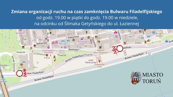 Zmiana organizacji ruchu na Bulwarze Filadelfijskim w Toruniu