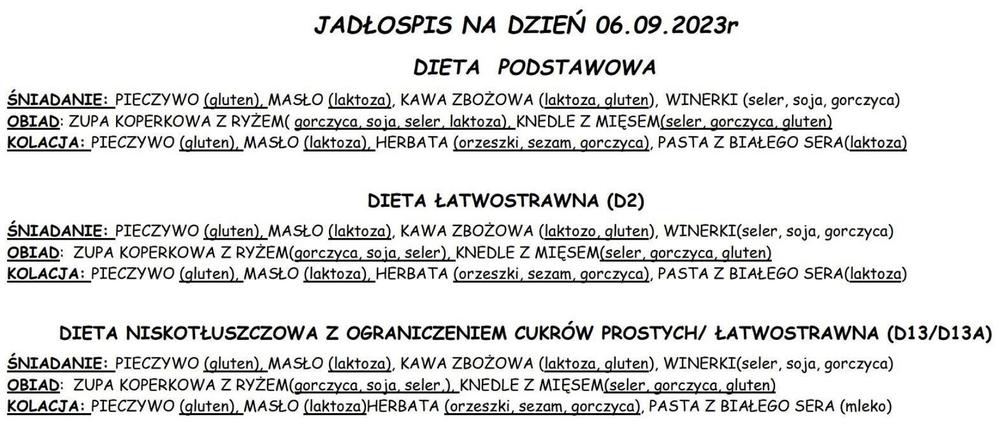Jadłospis w SPSK im. A. Mielęckiego w Katowicach 