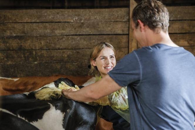 Marta Żmuda Trzebiatowska na planie Blondynki z córką i mężem. Zapładnia krowy trzy miesiące po porodzie - ZDJĘCIA