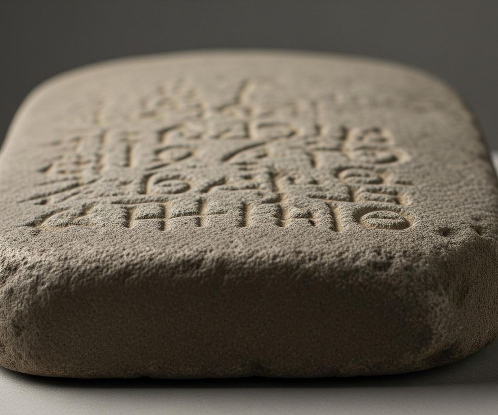 Na jasnoszarym tle, lekko z boku, leży prostokątny, kamienny blok o zaokrąglonych krawędziach. Jego chropowata powierzchnia, w odcieniach szarości i beżu, pokryta jest rzędami symboli, które są delikatnie wklęsłe. Dolna część bloku jest wyostrzona, natomiast dalsza, górna krawędź wraz z symbolami, staje się stopniowo rozmyta. Tło za blokiem przechodzi od jasnej szarości na dole do ciemnej szarości u góry, tworząc subtelny gradient.