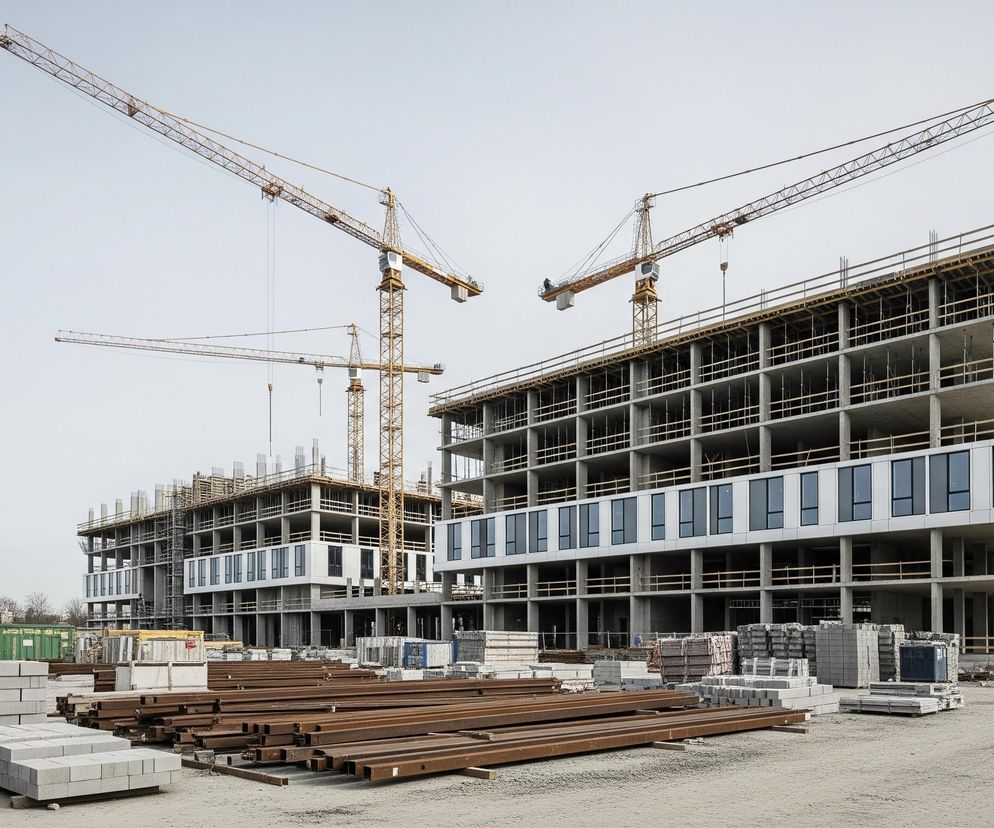 Dwa duże budynki w trakcie budowy dominują centrum obrazu, z wyraźnie widocznymi betonowymi konstrukcjami szkieletowymi i częściowo zainstalowanymi białymi panelami elewacyjnymi z czarnymi oknami. Na dachu obu budynków znajdują się drewniane barierki i elementy szalunkowe, a nad nimi, pod szarym niebem, wznoszą się trzy żółte żurawie wieżowe. Na pierwszym planie, na ziemi pokrytej piaskiem i żwirem, leżą stosy materiałów budowlanych, w tym długie, zardzewiałe belki metalowe o prostokątnym przekroju oraz ułożone w kostkę szare bloczki betonowe.