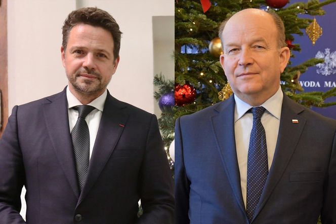 Prezydent Rafał Trzaskowski i wojewoda Konstanty Radziwiłł ramię w ramię przy choince