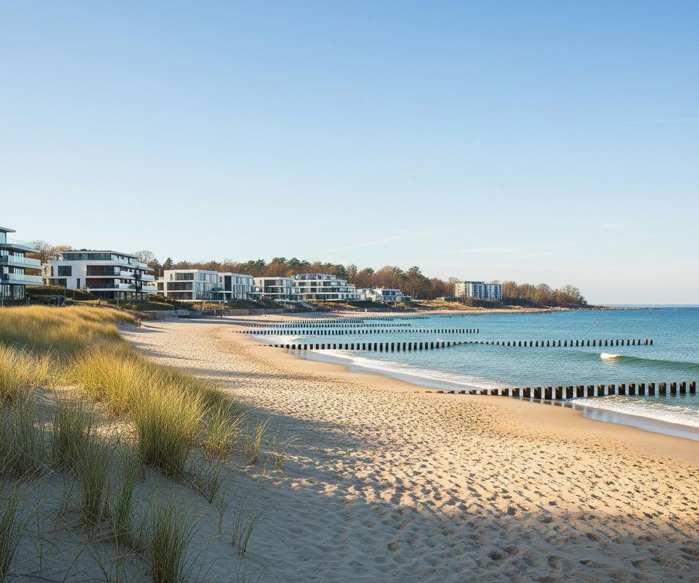 Piaszczysta plaża rozciąga się wzdłuż wybrzeża, częściowo pokryta jasnymi, zielonkawo-żółtymi kępami trawy morskiej, która tworzy wydmy. W oddali, wzdłuż linii brzegowej, widać szereg nowoczesnych, jasnych budynków z dużymi przeszkleniami i balkonami. Na wodzie, równolegle do brzegu, rozmieszczone są rzędy drewnianych pali, tworzących falochrony, a fale delikatnie obmywają brzeg, tworząc białe grzywy. Na tle błękitnego nieba rozciąga się horyzont morza, a po prawej stronie widać samotną, czerwoną boję.
