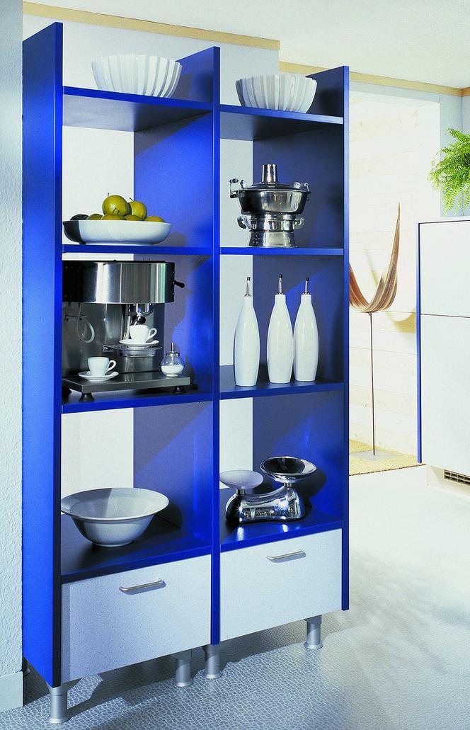 NIebieski kolor w kuchni - niebieska kuchnia z regałem
