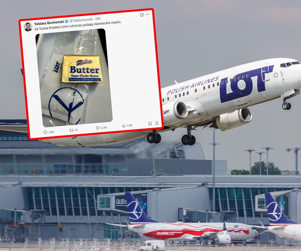 Samolot LOT w trakcie startu, nad którym widoczny jest wpis Tobiasza Bocheńskiego z platformy X, przedstawiający niemieckie masło Meiba. Widoczny również port lotniczy. O skandalu z masłem i reakcjach przeczytasz na Super Biznes.