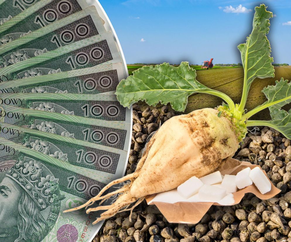 Stockowe ujęcie przedstawiające burak cukrowy z kostkami cukru oraz stosy banknotów 100 zł na tle pola uprawnego z maszyną rolniczą. Ilustruje spadek cen i kryzys w uprawie buraków cukrowych, o czym przeczytasz na Super Biznes.
