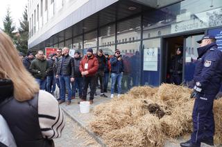 Protest rolników w Białymstoku. Rolnicy rozsypali bele słomy przed biurami PO i PiS