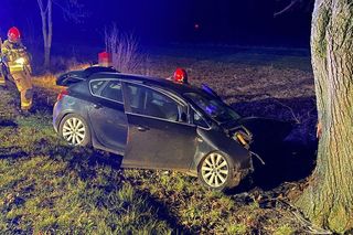 Groźny wypadek w Woli Osowińskiej. Opel uderzył w drzewo, dwie osoby ranne